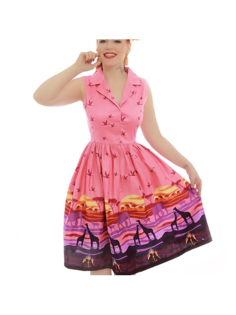 Lindy Bop | Women's V Neck Printed Swing Dress Size US 8 Safari Animal Africa